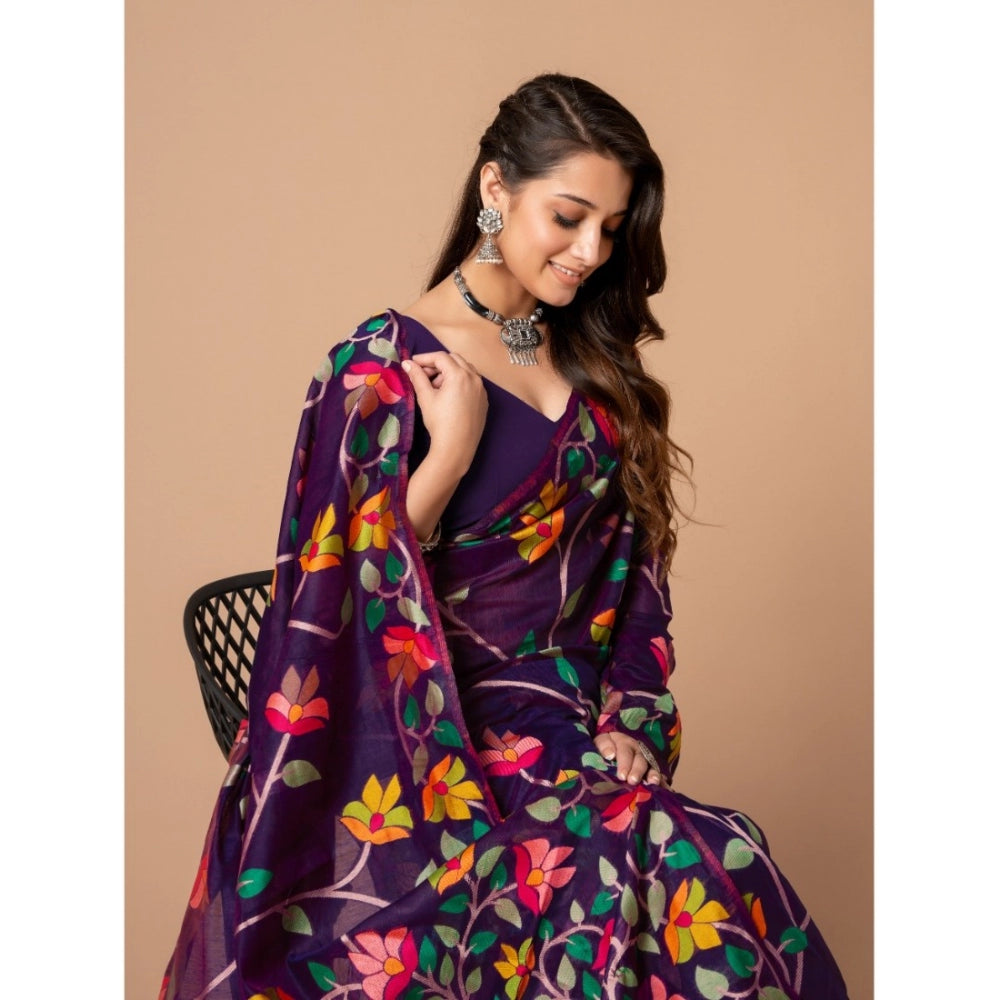 Generic Women's Cotton Printed Saree With Unstitched Blouse (Wine, 5-6 Mtrs) - Noble Nook