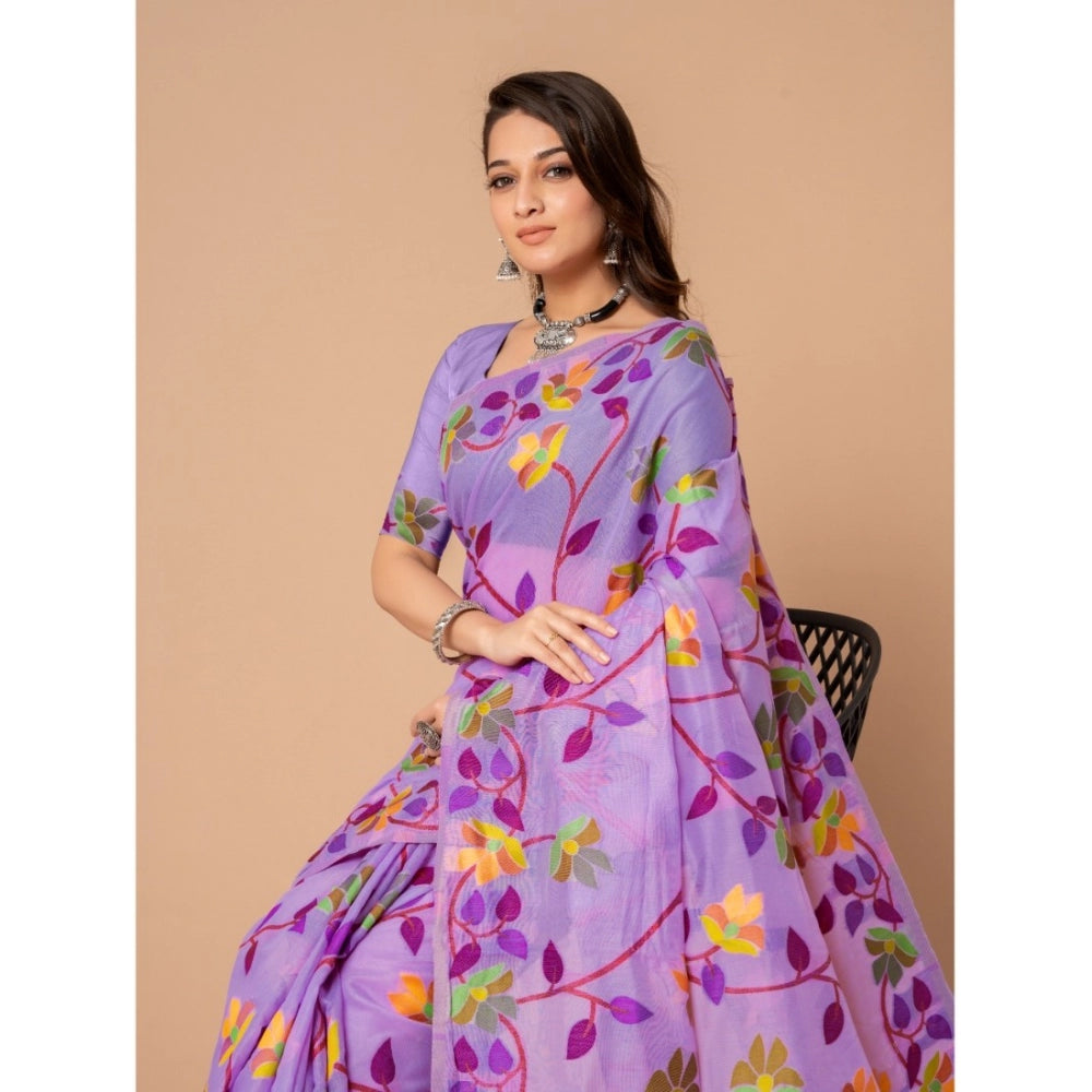 Generic Women's Cotton Printed Saree With Unstitched Blouse (Lavender, 5-6 Mtrs) - Noble Nook