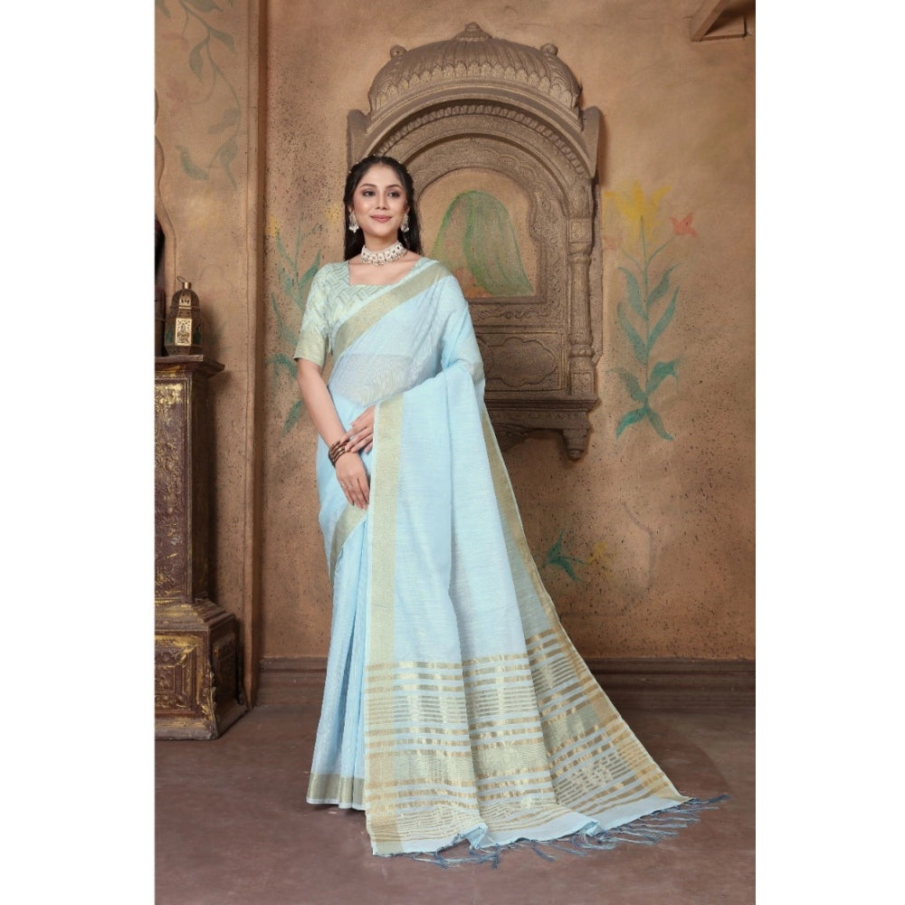 Generic Women's Soft Linen Striped Saree With Unstitched Blouse (Sky Blue, 5-6 Mtrs) - Noble Nook