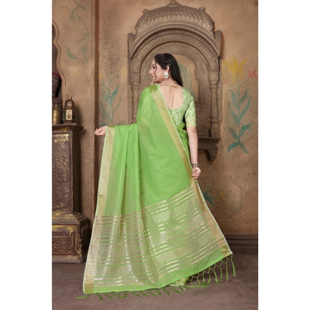 Generic Women's Soft Linen Striped Saree With Unstitched Blouse (Green, 5-6 Mtrs) - Noble Nook