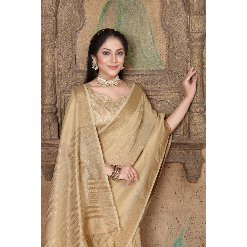 Generic Women's Soft Linen Striped Saree With Unstitched Blouse (Beige, 5-6 Mtrs) - Noble Nook