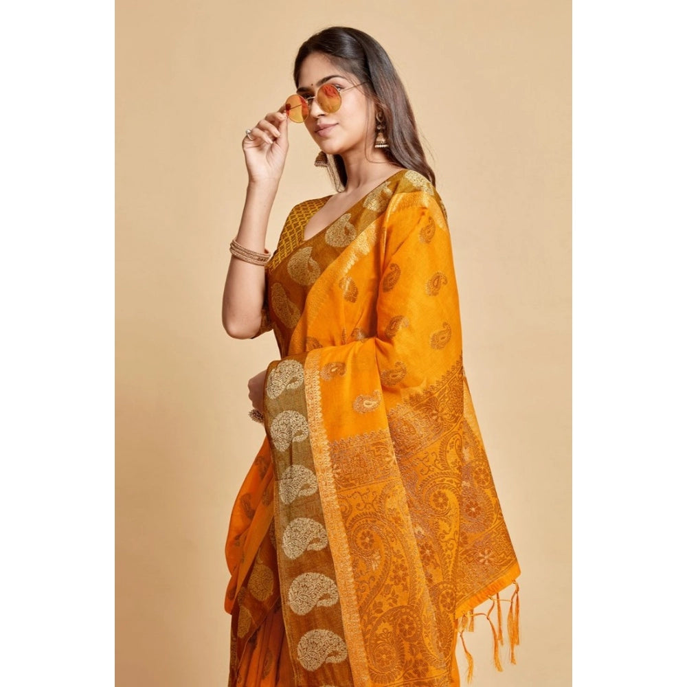 Generic Women's Chanderi Cotton Printed Saree With Unstitched Blouse (Mustard, 5-6 Mtrs) - Noble Nook