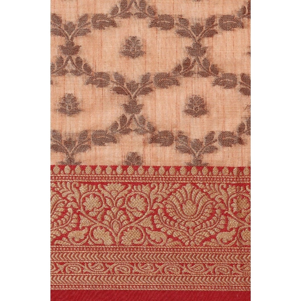 Generic Women's Chanderi Cotton Printed Saree With Unstitched Blouse (Peach, 5-6 Mtrs) - Noble Nook