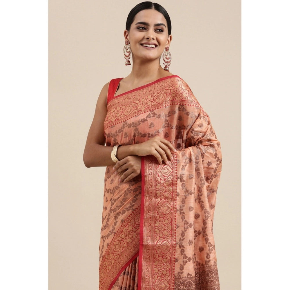 Generic Women's Chanderi Cotton Printed Saree With Unstitched Blouse (Peach, 5-6 Mtrs) - Noble Nook