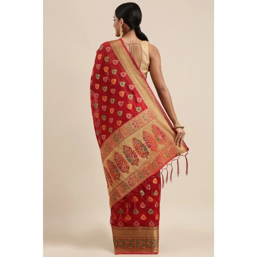 Generic Women's Organza Printed Saree With Unstitched Blouse (Red, 5-6 Mtrs) - Noble Nook