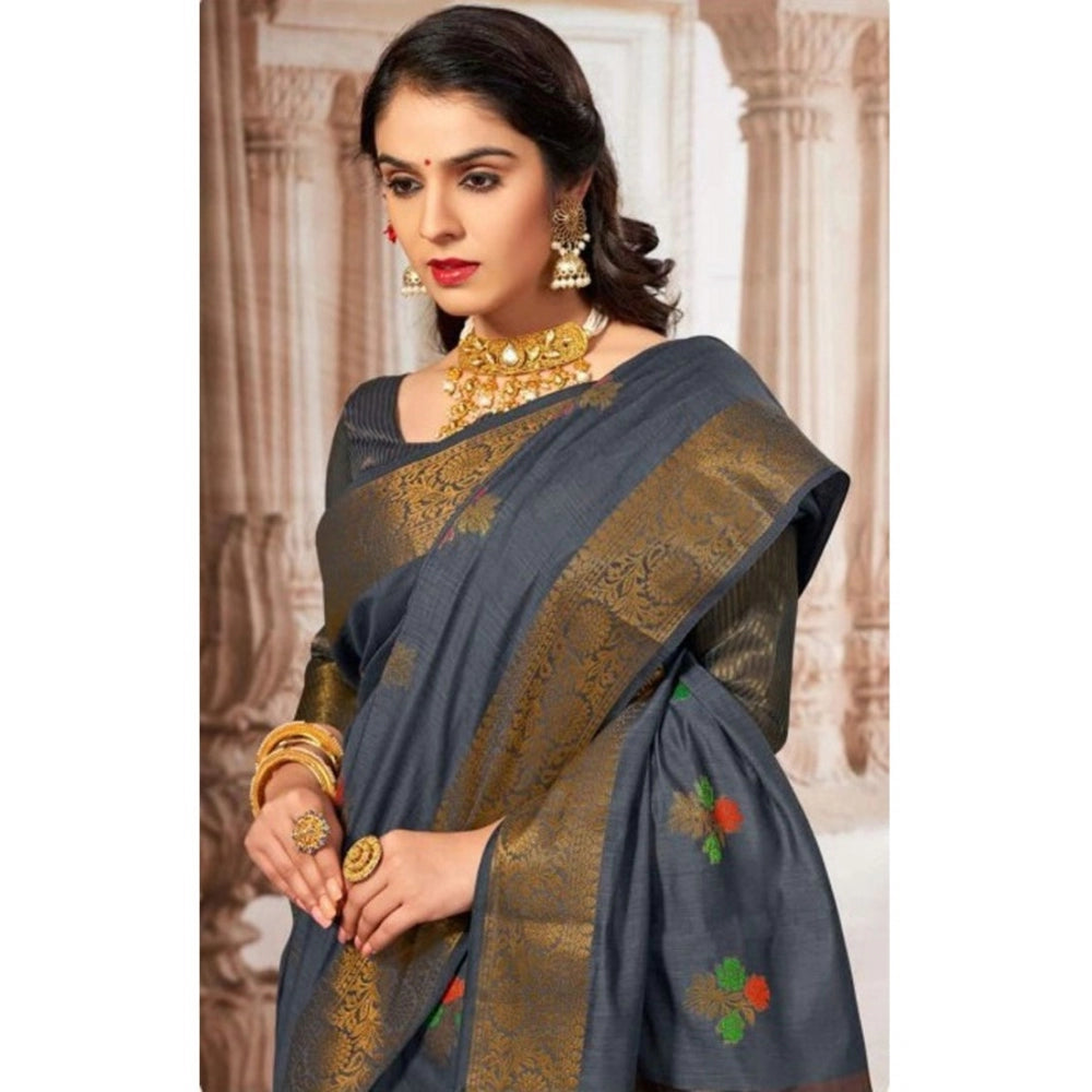 Generic Women's Linen Printed Saree With Unstitched Blouse (Grey, 5-6 Mtrs) - Noble Nook