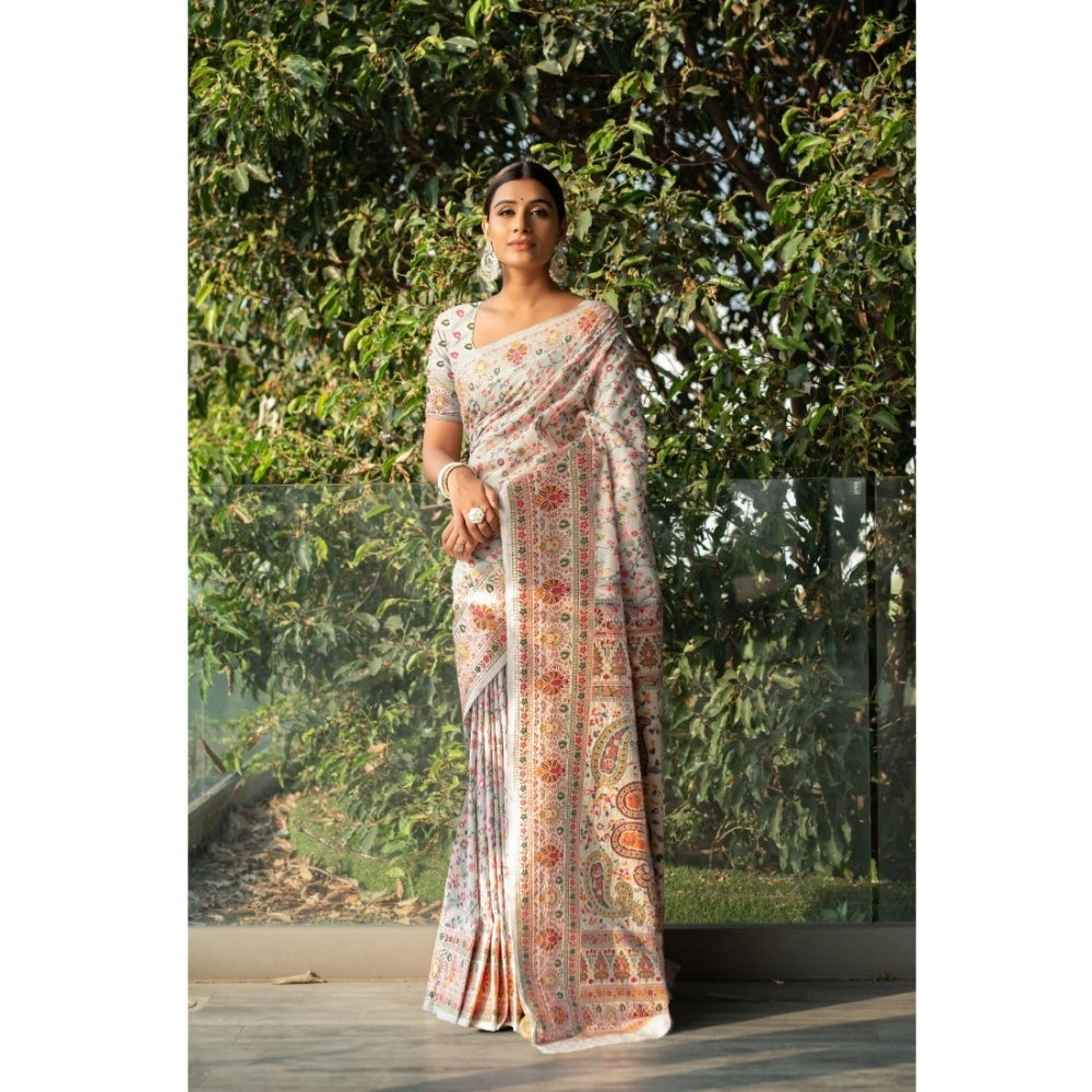 Generic Women's Linen Printed Saree With Unstitched Blouse (Off-White, 5-6 Mtrs) - Noble Nook