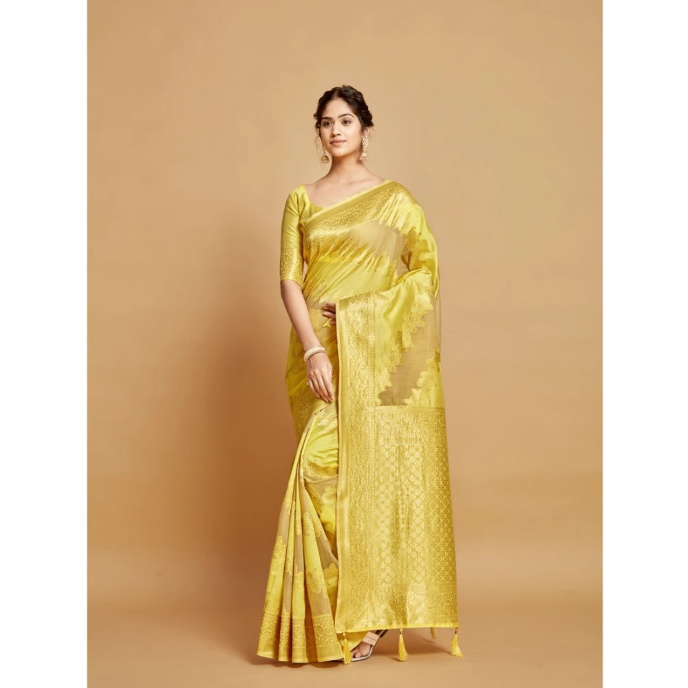 Generic Women's Linen Printed Saree With Unstitched Blouse (Yellow, 5-6 Mtrs) - Noble Nook