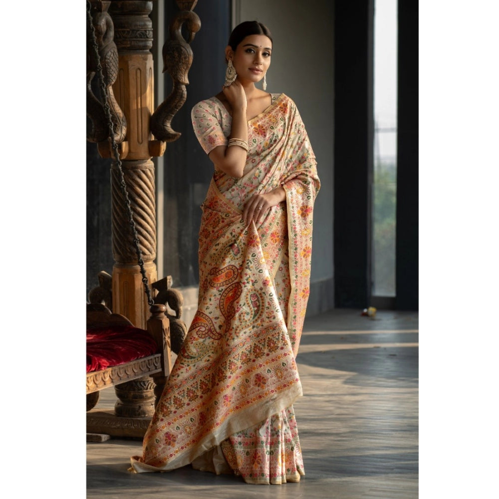 Generic Women's Linen Printed Saree With Unstitched Blouse (Beige, 5-6 Mtrs) - Noble Nook