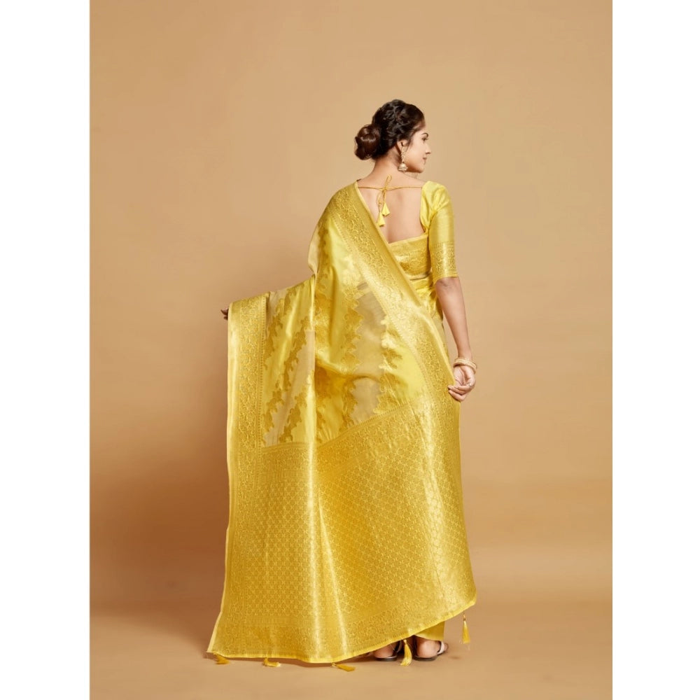 Generic Women's Linen Printed Saree With Unstitched Blouse (Yellow, 5-6 Mtrs) - Noble Nook