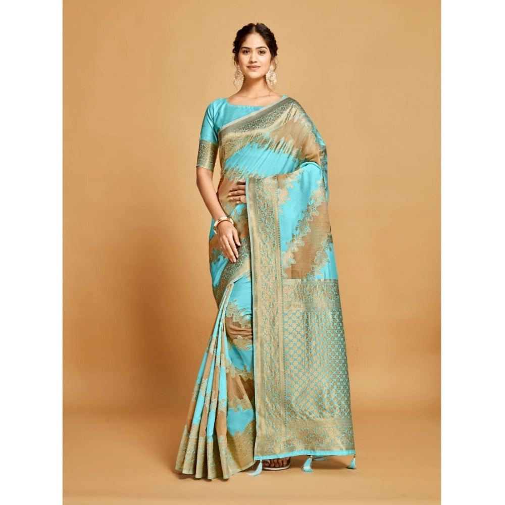 Generic Women's Linen Printed Saree With Unstitched Blouse (Sky Blue, 5-6 Mtrs) - Noble Nook