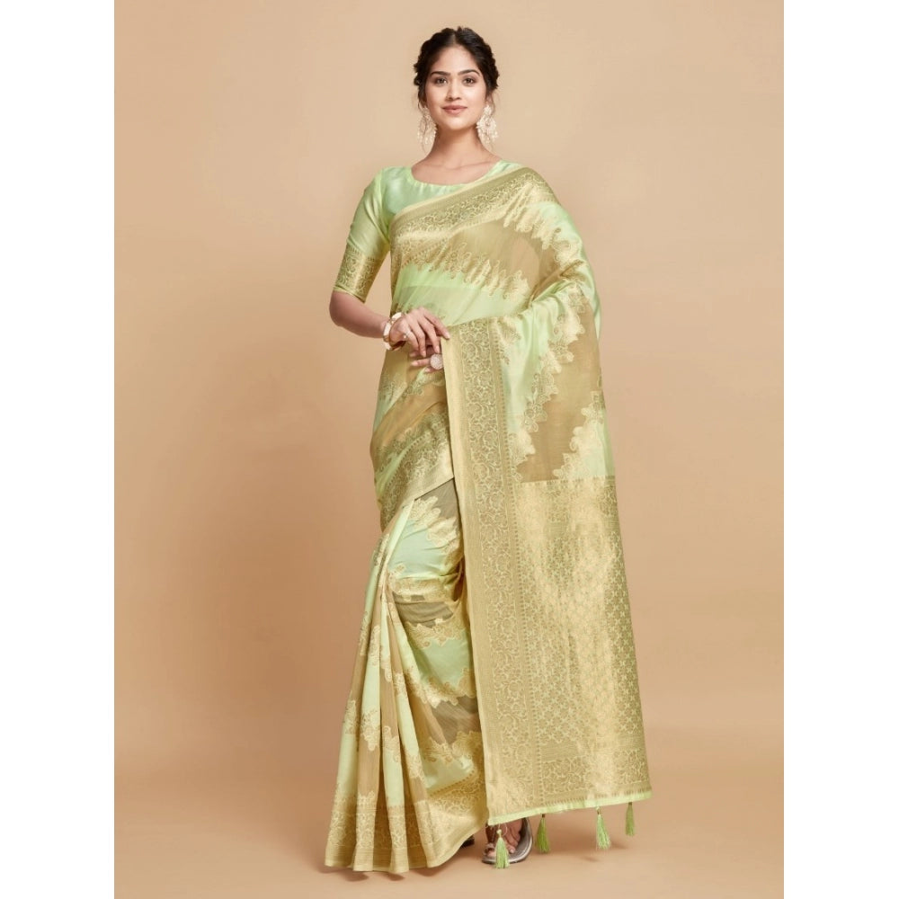 Generic Women's Linen Printed Saree With Unstitched Blouse (Pista, 5-6 Mtrs) - Noble Nook