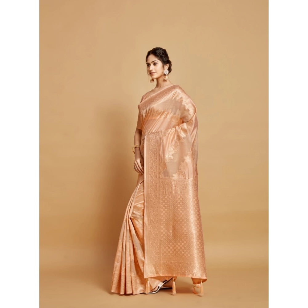 Generic Women's Linen Printed Saree With Unstitched Blouse (Peach, 5-6 Mtrs) - Noble Nook