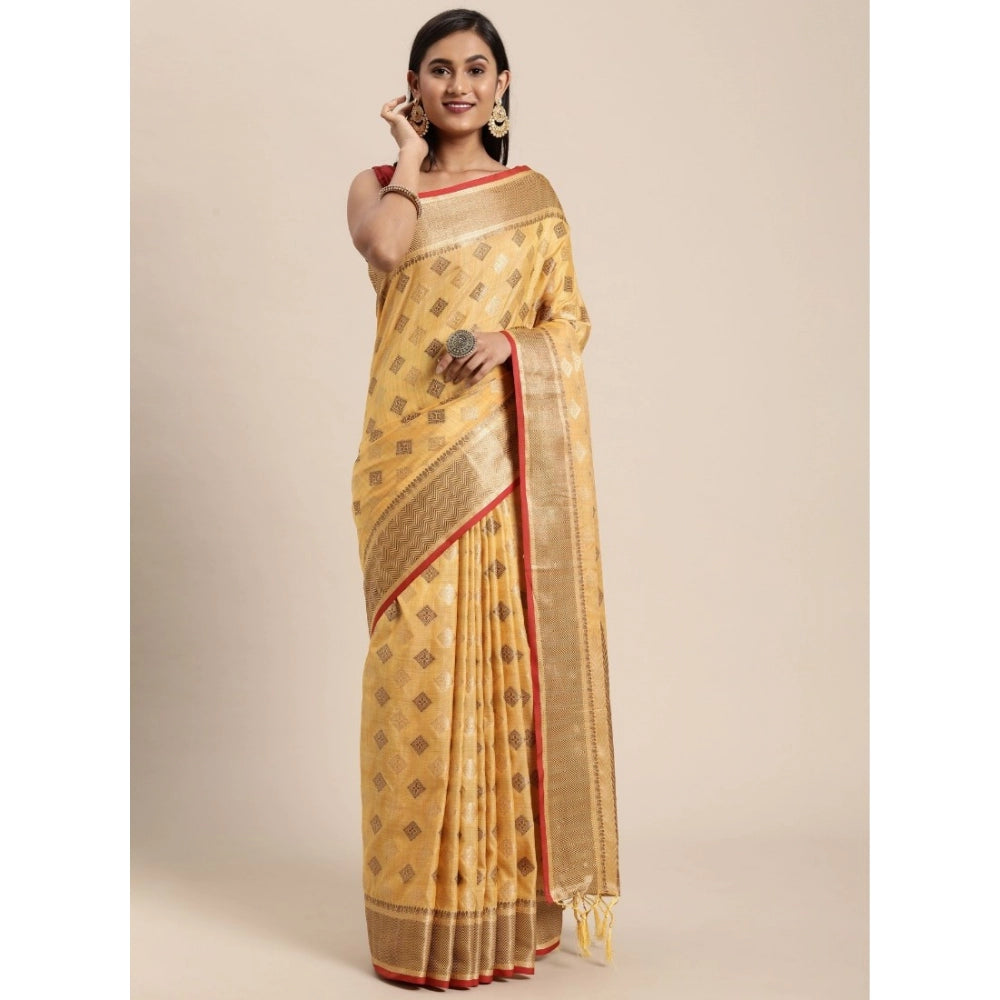 Generic Women's Chanderi Cotton Printed Saree With Unstitched Blouse (Yellow, 5-6 Mtrs) - Noble Nook