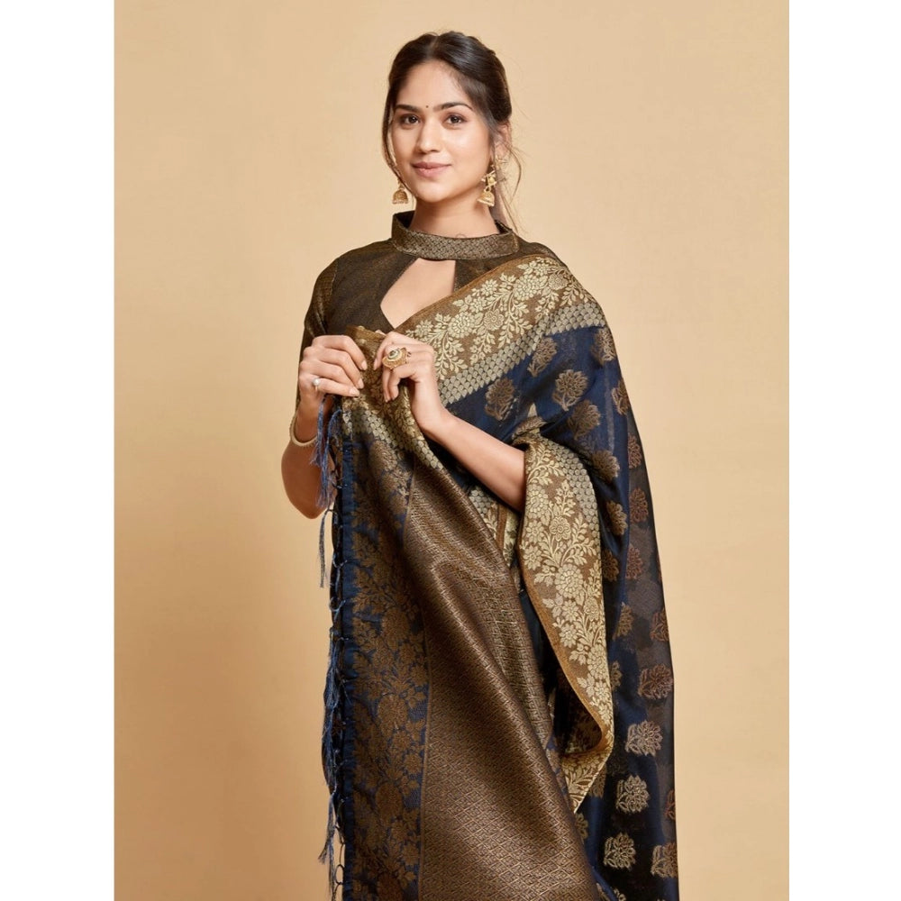 Generic Women's Chanderi Cotton Printed Saree With Unstitched Blouse (Navy, 5-6 Mtrs) - Noble Nook