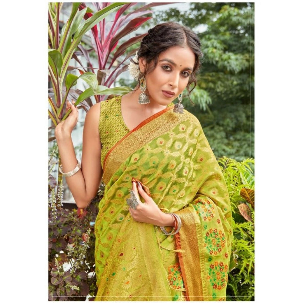 Generic Women's Organza Printed Saree With Unstitched Blouse (Olive, 5-6 Mtrs) - Noble Nook