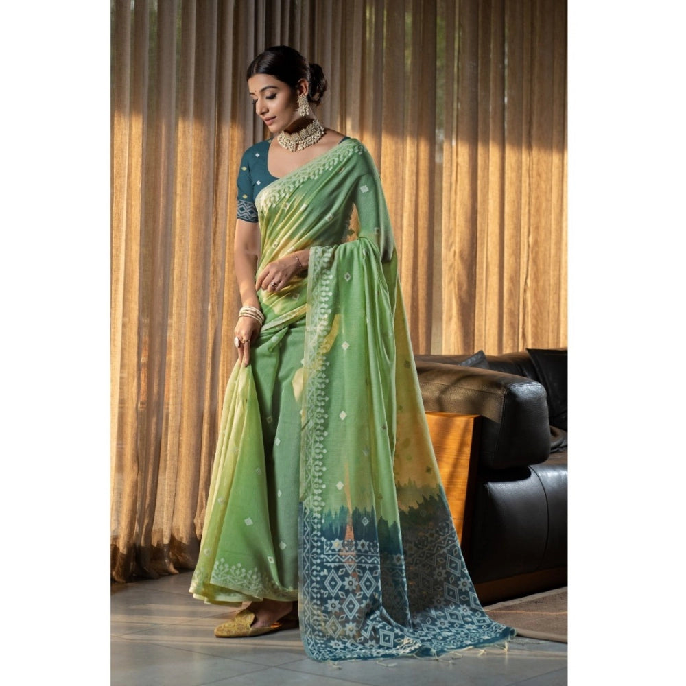 Generic Women's Mulmul Cotton Printed Saree With Unstitched Blouse (Green, 5-6 Mtrs) - Noble Nook