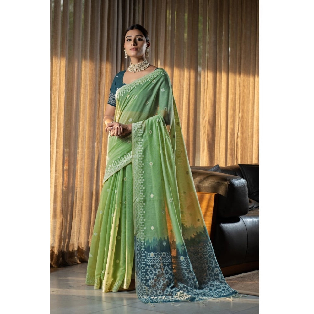 Generic Women's Mulmul Cotton Printed Saree With Unstitched Blouse (Green, 5-6 Mtrs) - Noble Nook