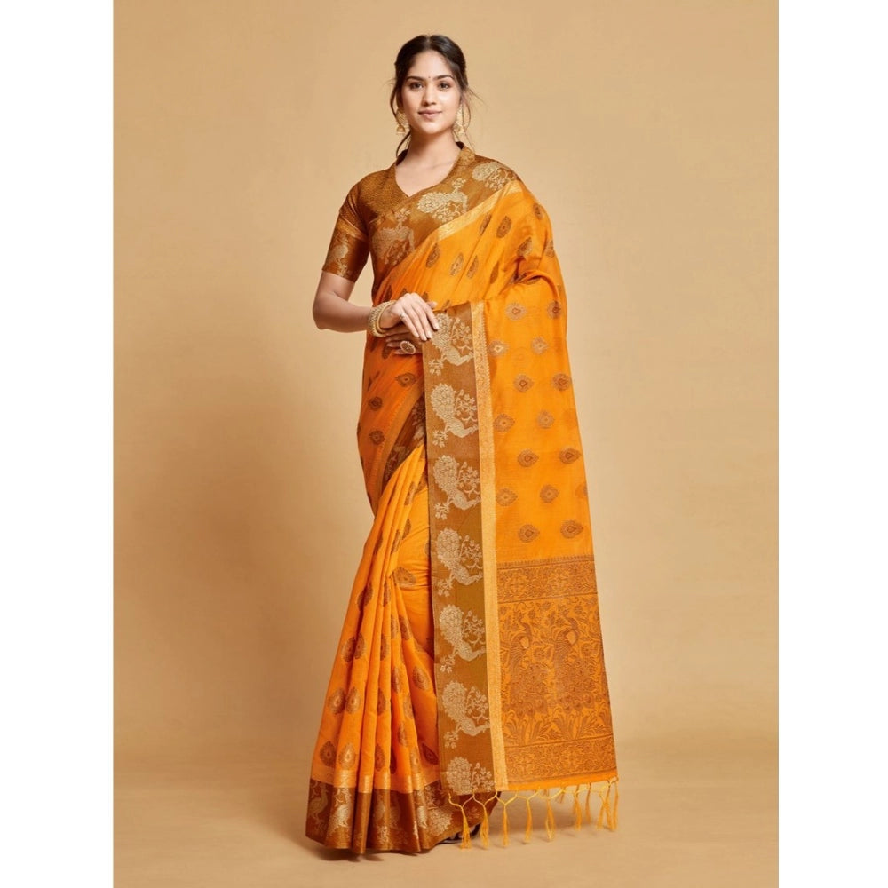 Generic Women's Organza Printed Saree With Unstitched Blouse (Mustard, 5-6 Mtrs) - Noble Nook