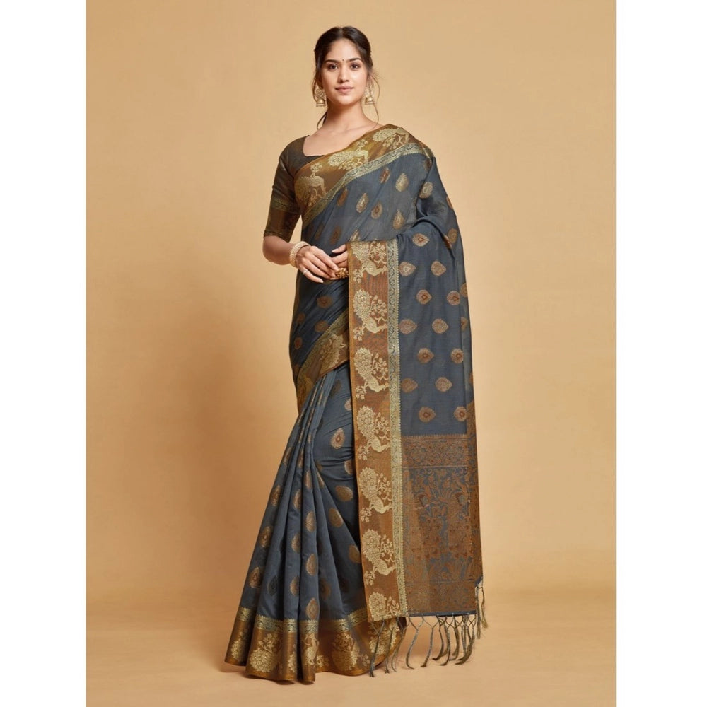 Generic Women's Organza Printed Saree With Unstitched Blouse (Grey, 5-6 Mtrs) - Noble Nook