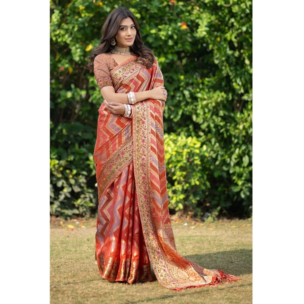 Generic Women's Organza Printed Saree With Unstitched Blouse (Orange, 5-6 Mtrs) - Noble Nook