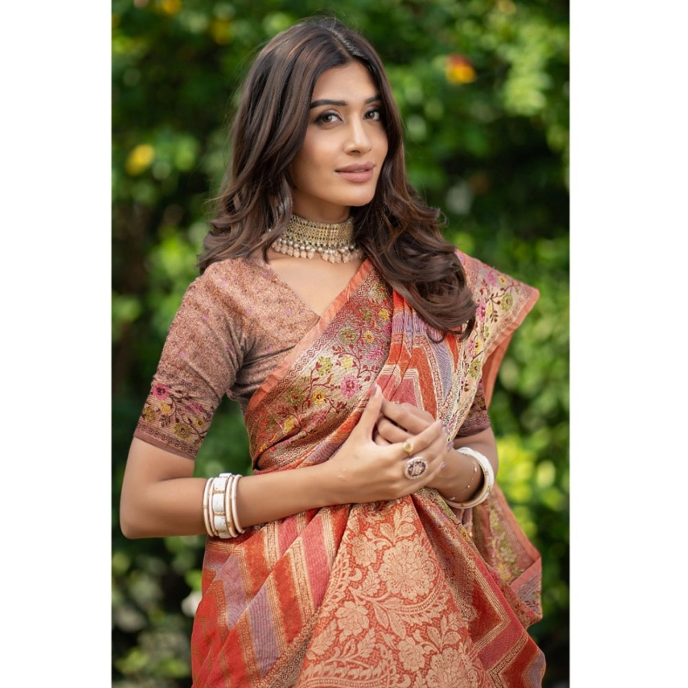 Generic Women's Organza Printed Saree With Unstitched Blouse (Orange, 5-6 Mtrs) - Noble Nook