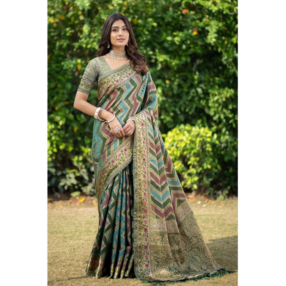 Generic Women's Organza Printed Saree With Unstitched Blouse (Green, 5-6 Mtrs) - Noble Nook