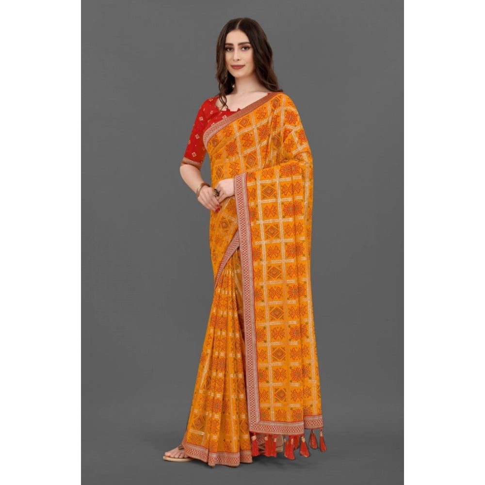 Generic Women's Soft Silk Printed Saree With Unstitched Blouse (Mustard, 5-6 Mtrs) - Noble Nook