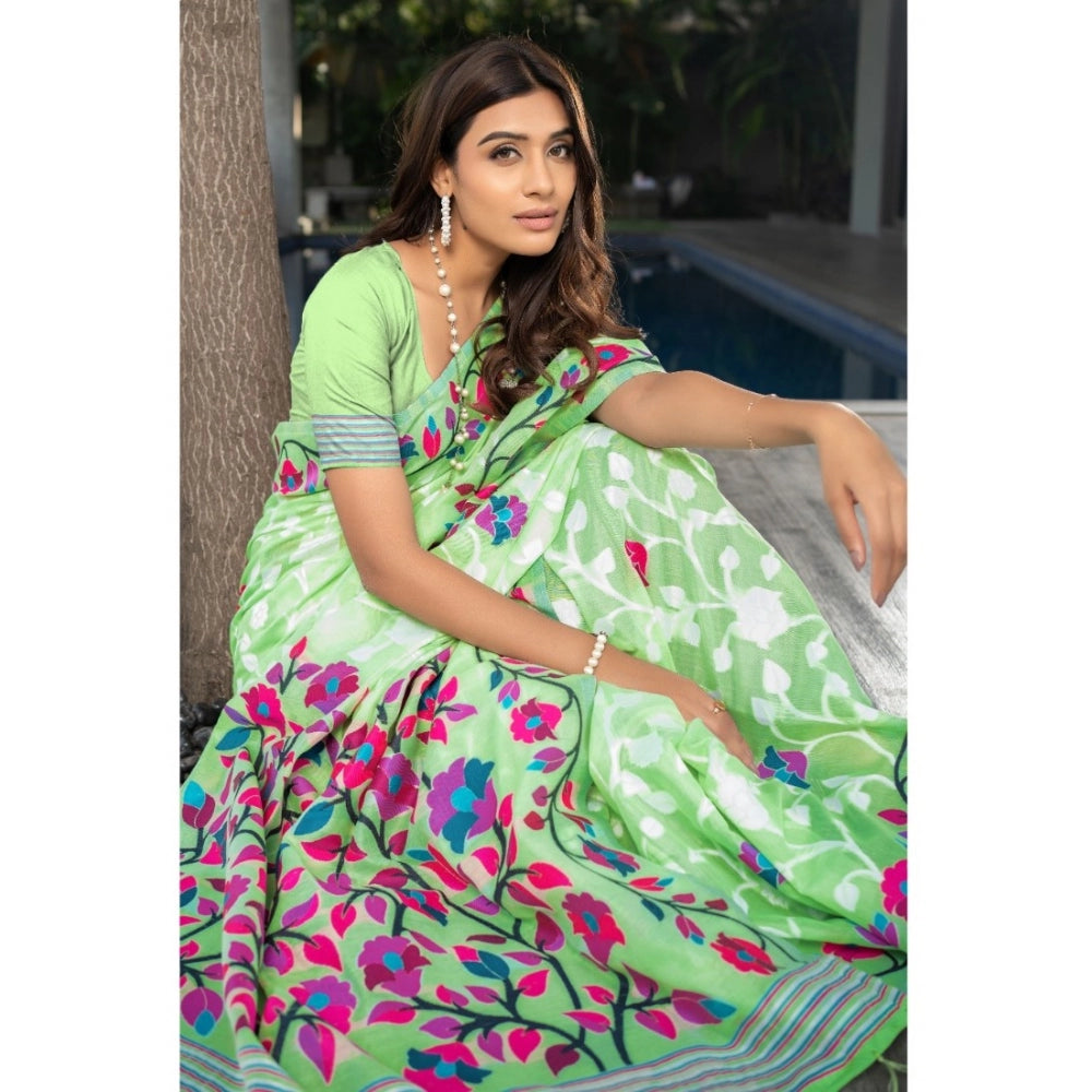 Generic Women's Cotton Printed Saree With Unstitched Blouse (Green, 5-6 Mtrs) - Noble Nook