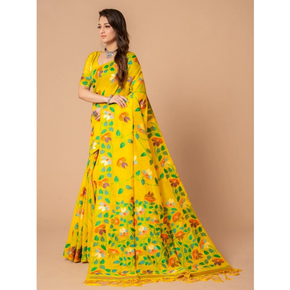 Generic Women's Cotton Printed Saree With Unstitched Blouse (Yellow, 5-6 Mtrs) - Noble Nook