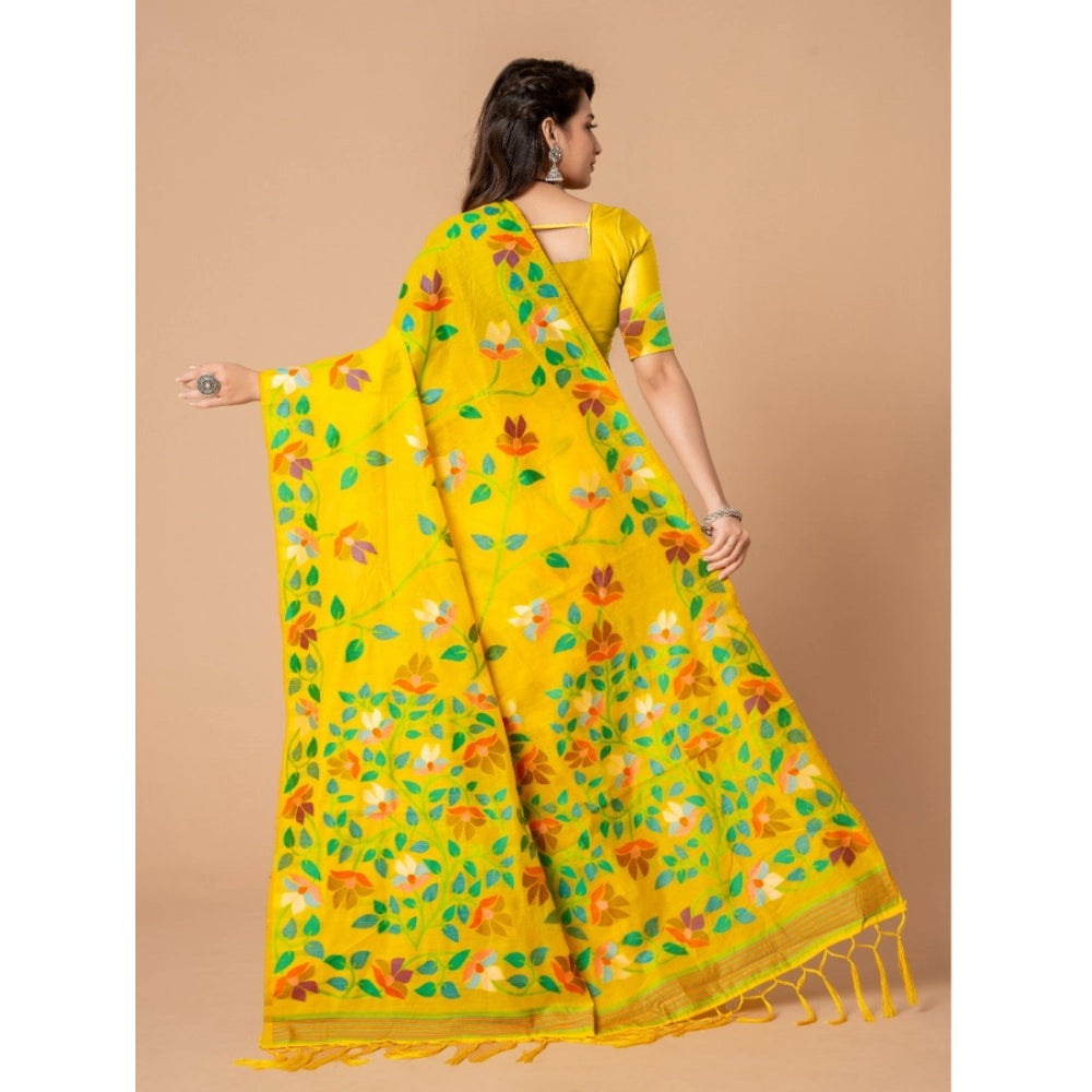 Generic Women's Cotton Printed Saree With Unstitched Blouse (Yellow, 5-6 Mtrs) - Noble Nook