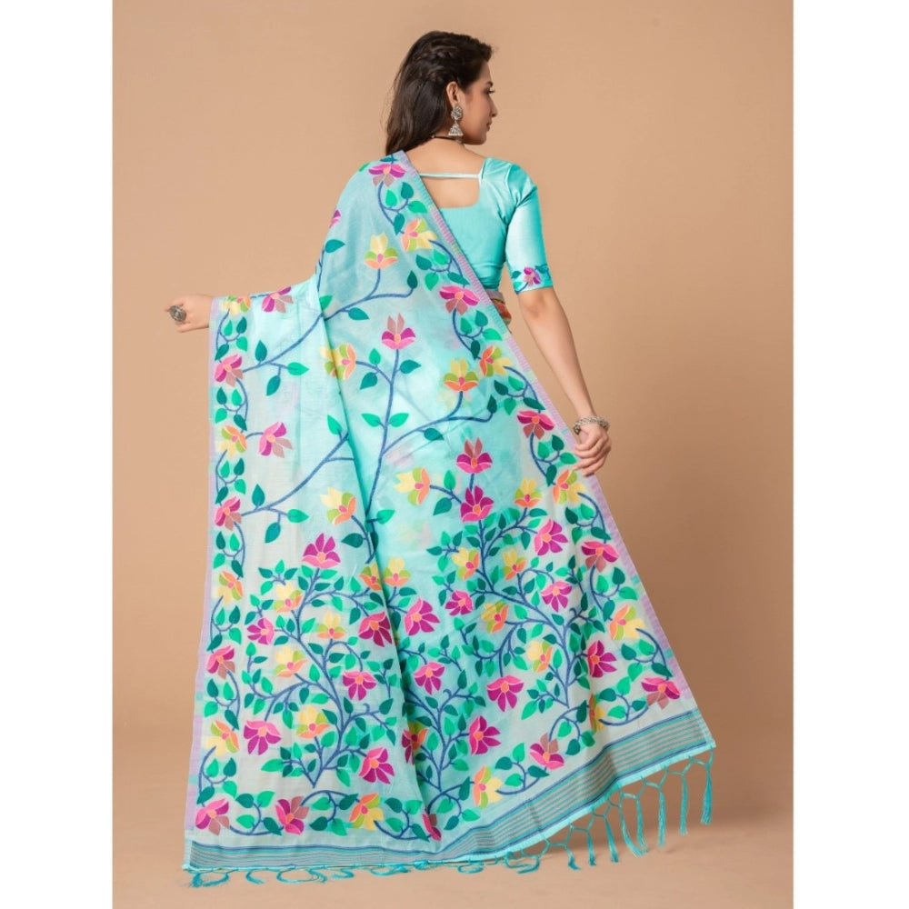 Generic Women's Cotton Printed Saree With Unstitched Blouse (Sky Blue, 5-6 Mtrs) - Noble Nook