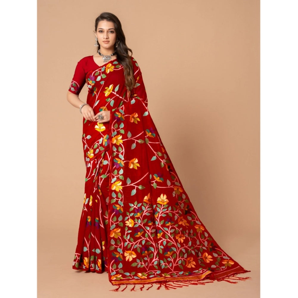 Generic Women's Cotton Printed Saree With Unstitched Blouse (Red, 5-6 Mtrs) - Noble Nook