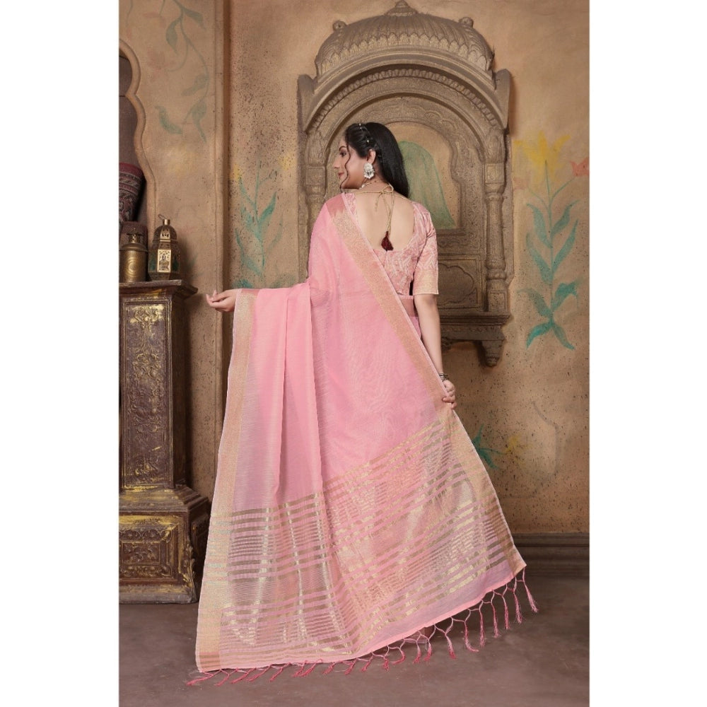 Generic Women's Soft Linen Striped Saree With Unstitched Blouse (PInk, 5-6 Mtrs) - Noble Nook