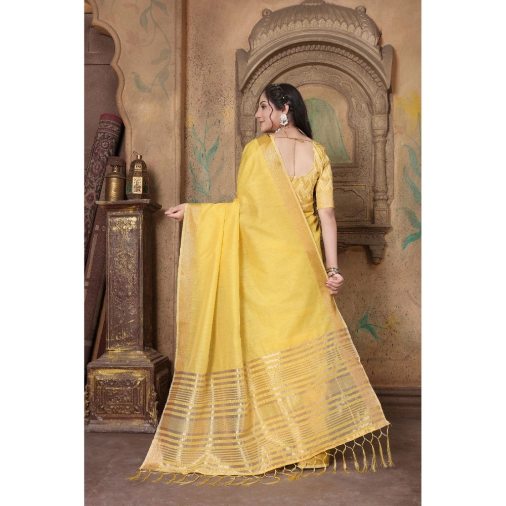 Generic Women's Soft Linen Striped Saree With Unstitched Blouse (Yellow, 5-6 Mtrs) - Noble Nook