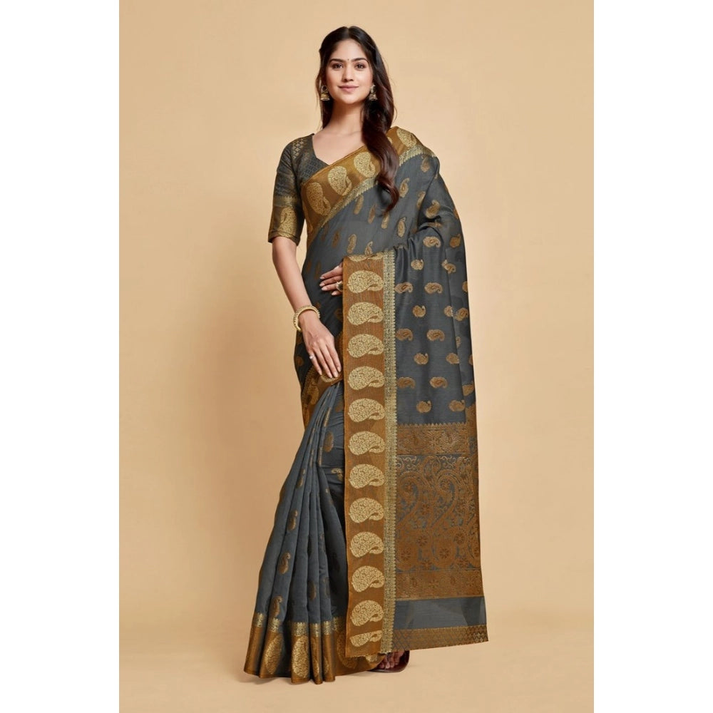 Generic Women's Chanderi Cotton Printed Saree With Unstitched Blouse (Grey, 5-6 Mtrs) - Noble Nook