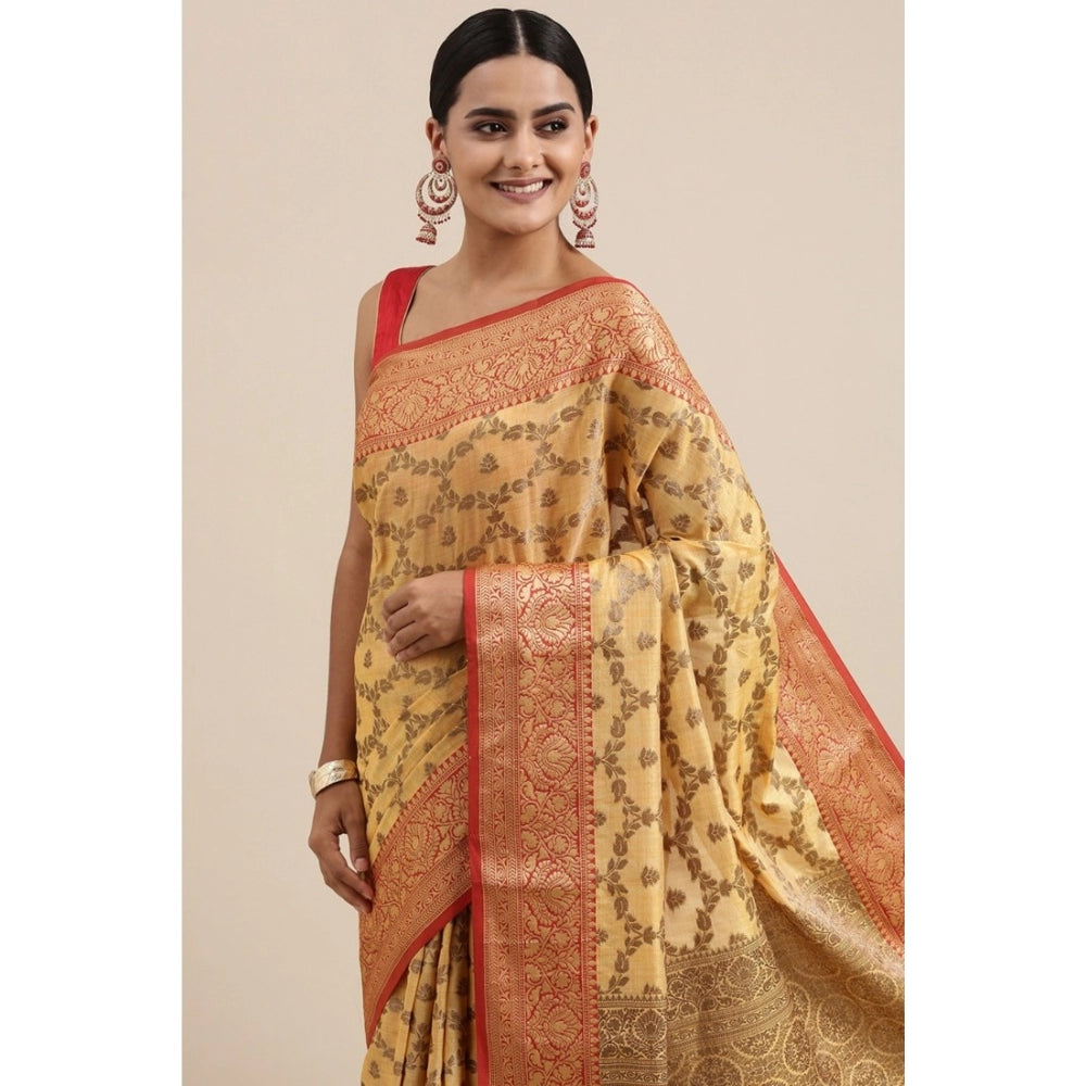 Generic Women's Chanderi Cotton Printed Saree With Unstitched Blouse (Yellow, 5-6 Mtrs) - Noble Nook