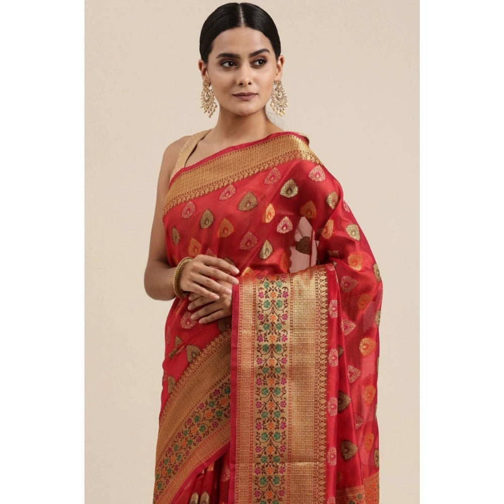 Generic Women's Organza Printed Saree With Unstitched Blouse (Red, 5-6 Mtrs) - Noble Nook