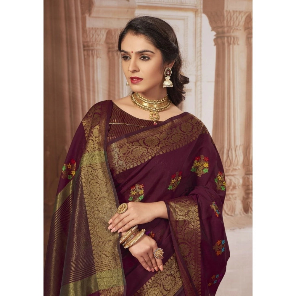 Generic Women's Chanderi Cotton Printed Saree With Unstitched Blouse (Maroon, 5-6 Mtrs) - Noble Nook