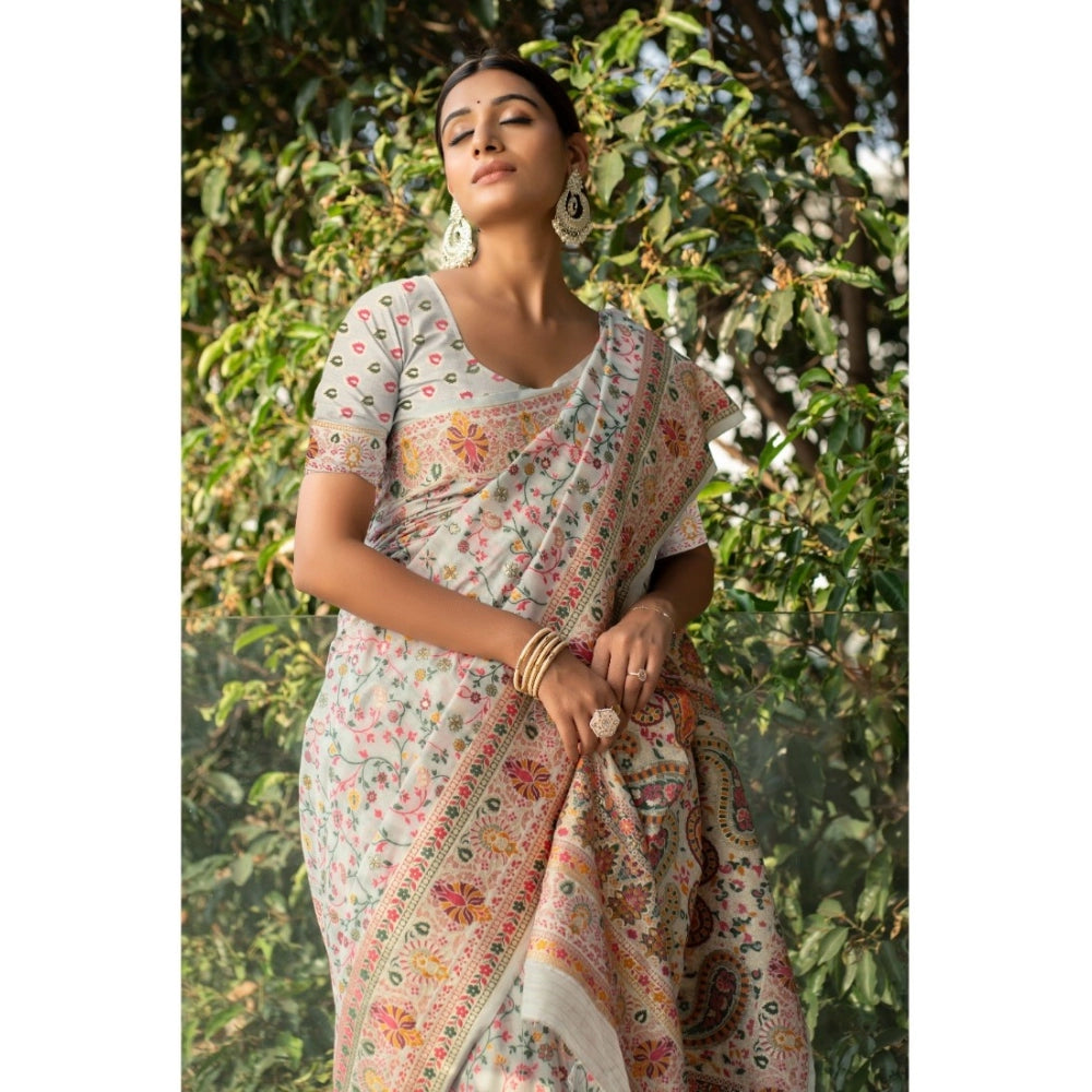 Generic Women's Linen Printed Saree With Unstitched Blouse (Off-White, 5-6 Mtrs) - Noble Nook