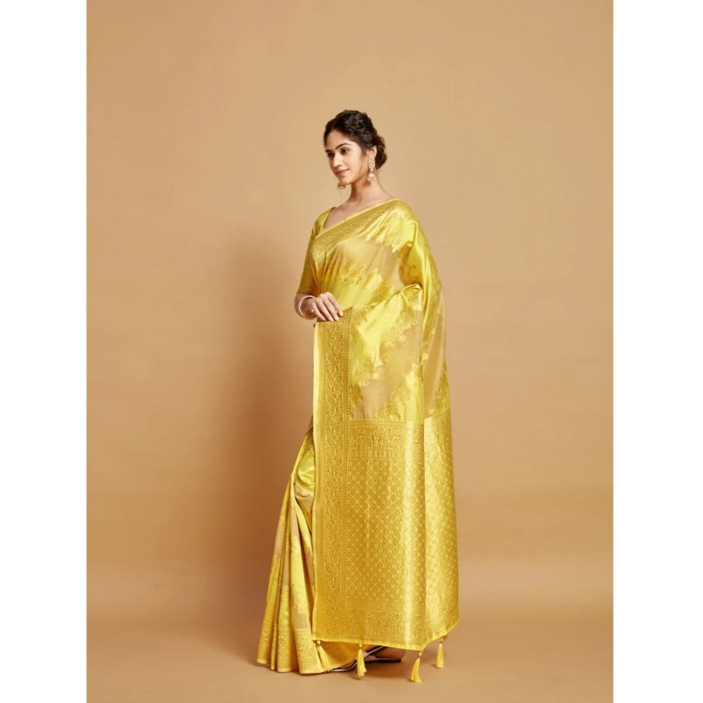 Generic Women's Linen Printed Saree With Unstitched Blouse (Yellow, 5-6 Mtrs) - Noble Nook