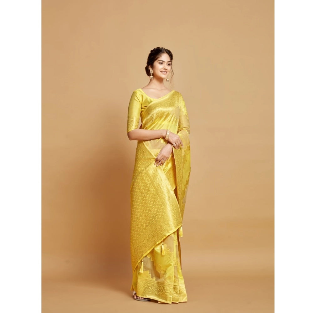 Generic Women's Linen Printed Saree With Unstitched Blouse (Yellow, 5-6 Mtrs) - Noble Nook