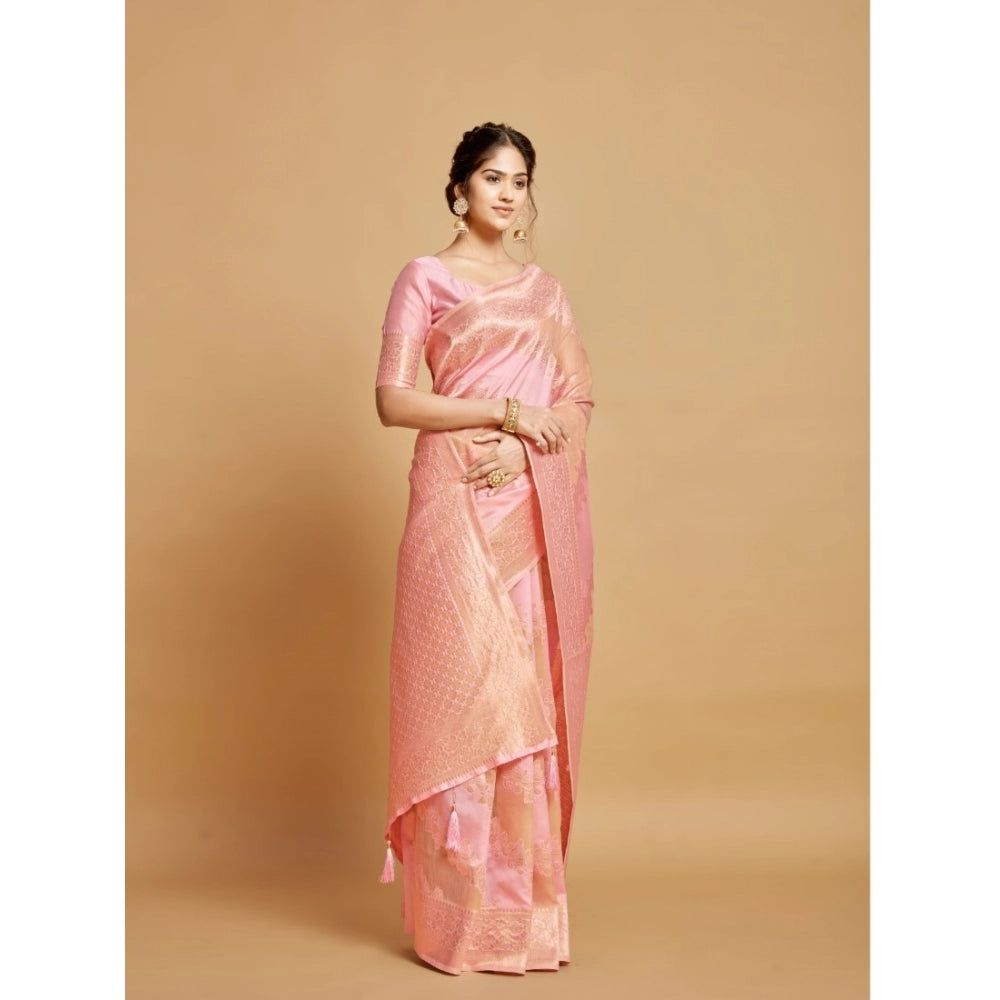 Generic Women's Linen Printed Saree With Unstitched Blouse (Pink, 5-6 Mtrs) - Noble Nook