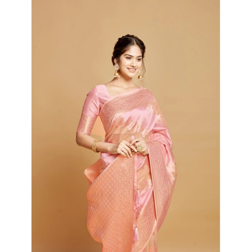 Generic Women's Linen Printed Saree With Unstitched Blouse (Pink, 5-6 Mtrs) - Noble Nook