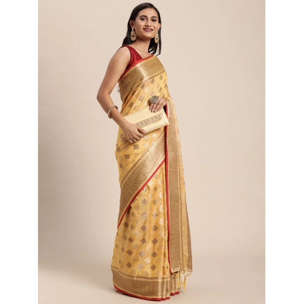 Generic Women's Chanderi Cotton Printed Saree With Unstitched Blouse (Yellow, 5-6 Mtrs) - Noble Nook