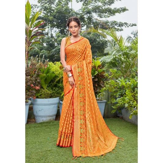 Generic Women's Organza Printed Saree With Unstitched Blouse (Orange, 5-6 Mtrs) - Noble Nook