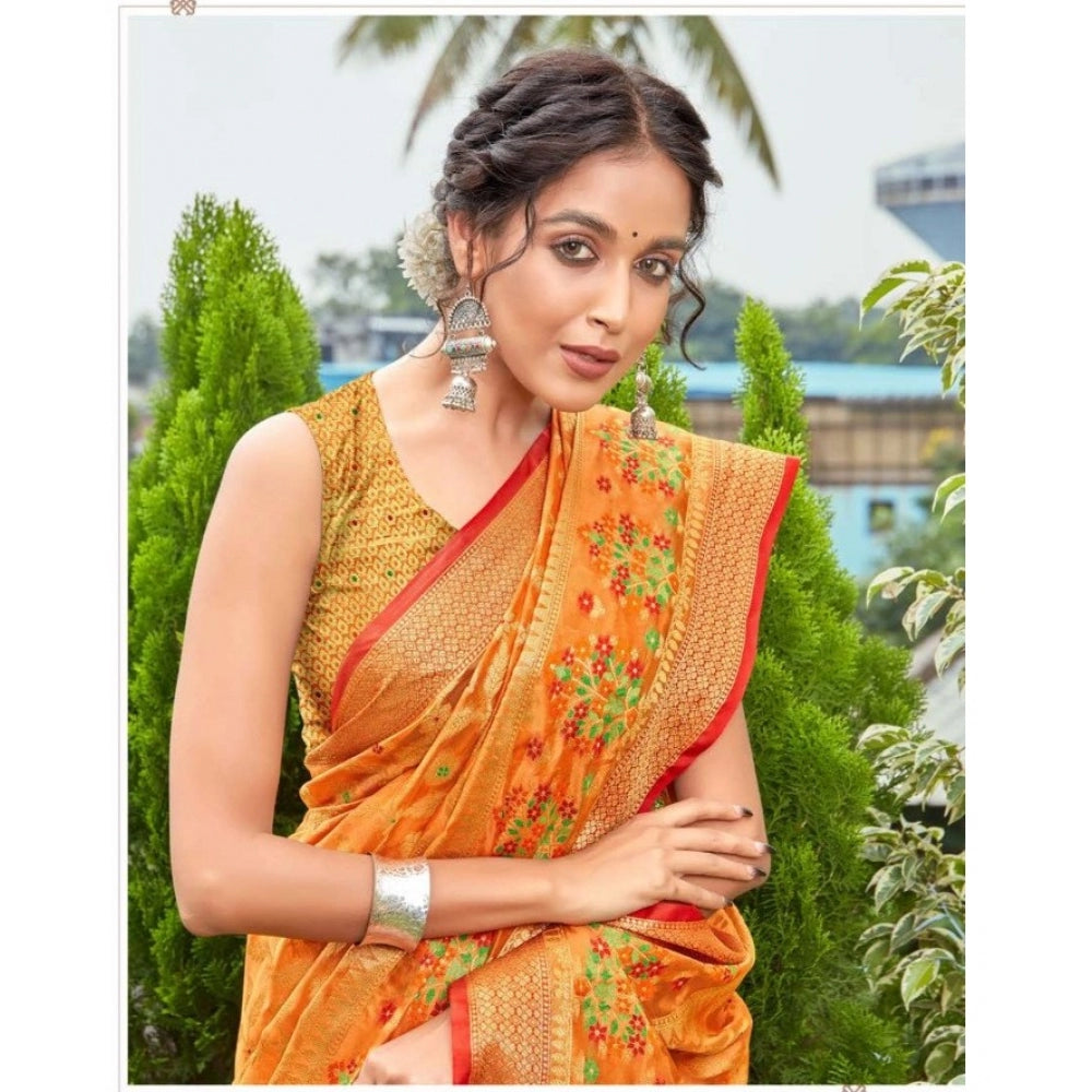 Generic Women's Organza Printed Saree With Unstitched Blouse (Orange, 5-6 Mtrs) - Noble Nook