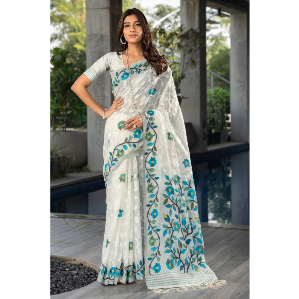 Generic Women's Cotton Printed Saree With Unstitched Blouse (White, 5-6 Mtrs) - Noble Nook