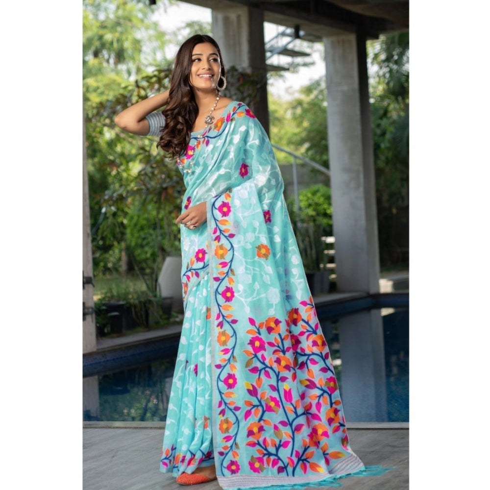 Generic Women's Cotton Printed Saree With Unstitched Blouse (Sky Blue, 5-6 Mtrs) - Noble Nook