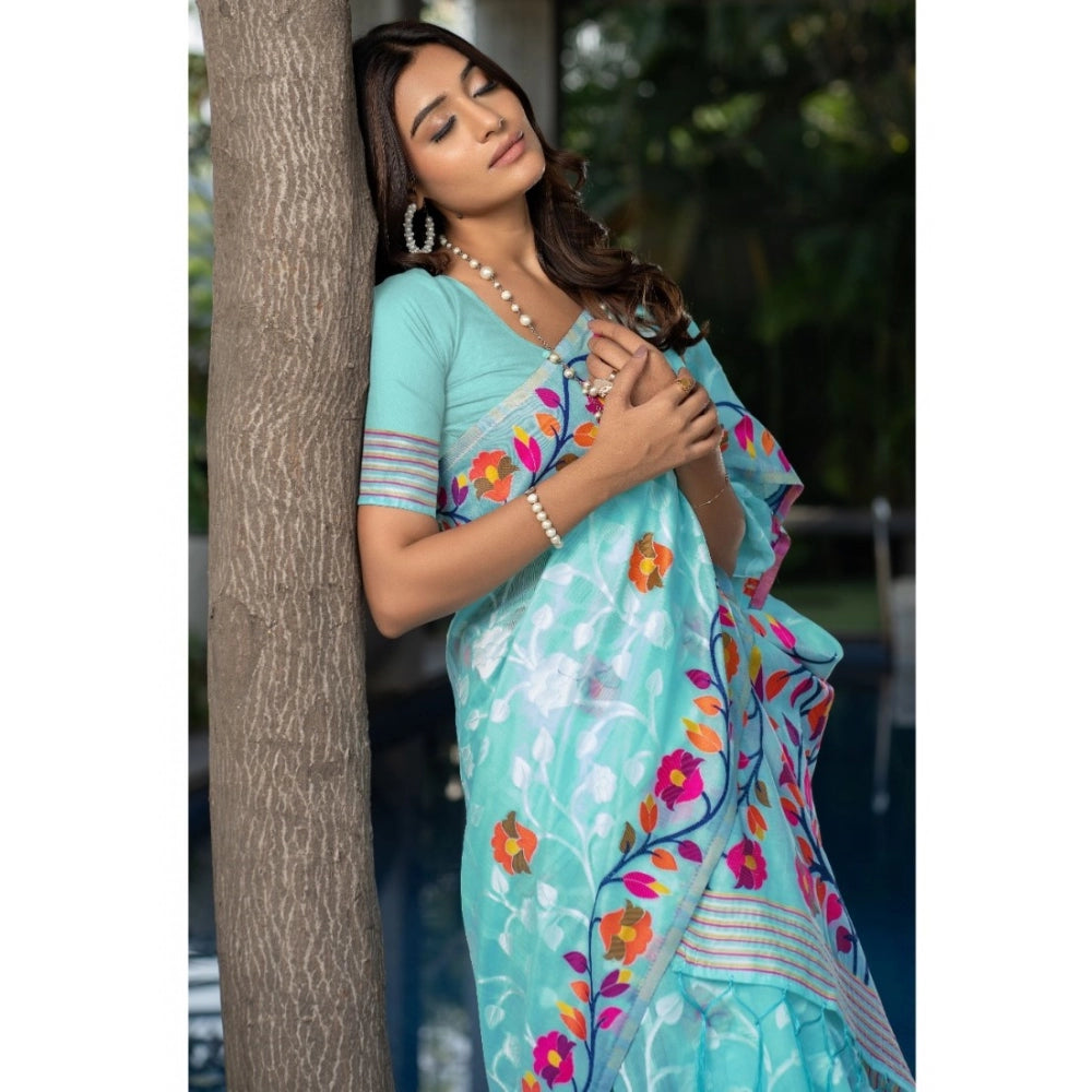 Generic Women's Cotton Printed Saree With Unstitched Blouse (Sky Blue, 5-6 Mtrs) - Noble Nook